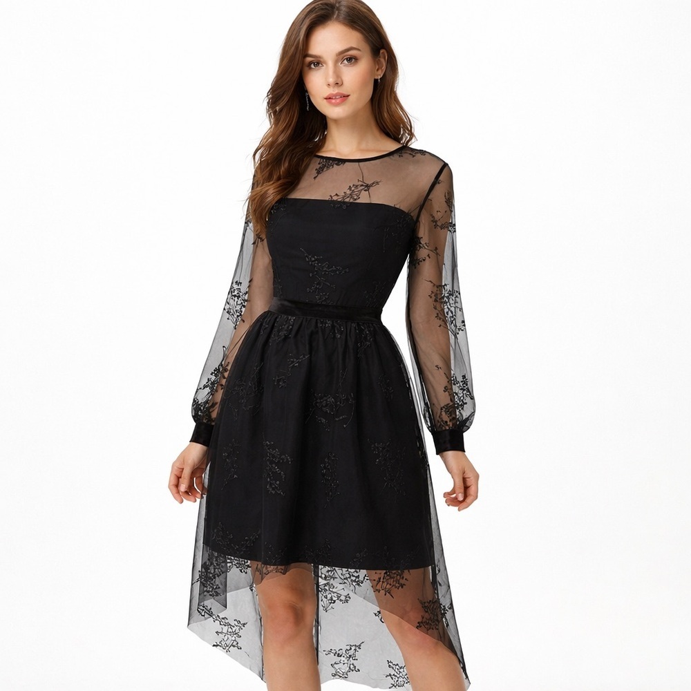LICHI Whimsical Goth Formal Lace Beaded Long Sleeve Black Dress Size XS